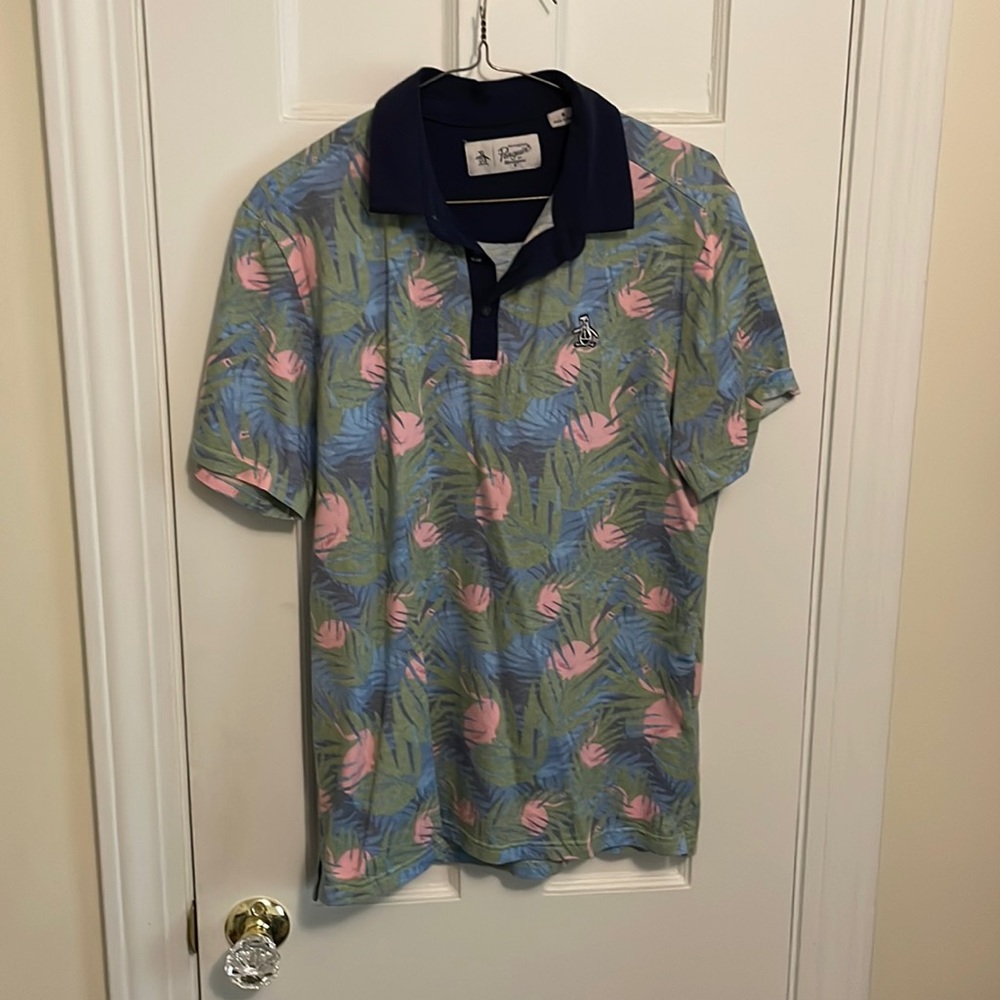 Like New Original Penguin Jungle Tropical Flamingo Print Golf Polo - Med…